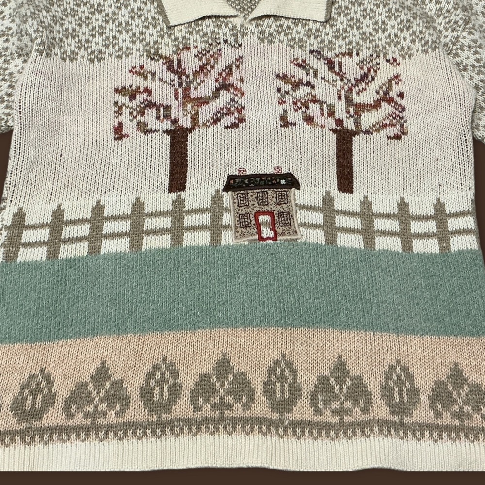 Vintage 90s Cottagecore Short Sleeve Polo Knit Sweater Cream Tan - Size Medium - Picture 4 of 7